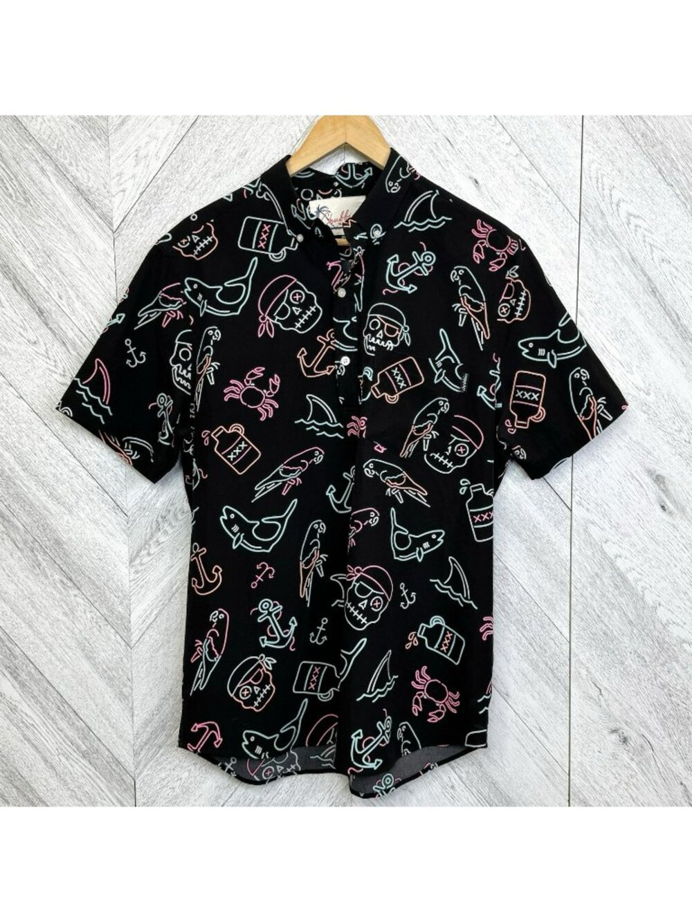Chubbies Plank Party Black Neon Pirate Print Polo Shirt Top Mens Size Large